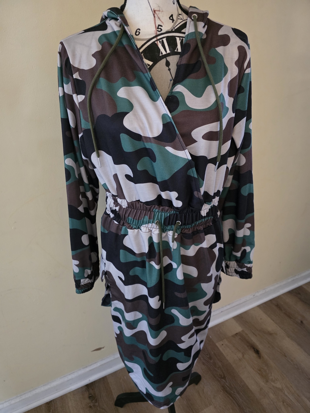 Green & Brown Camo Hooded Long-Sleeve Dress